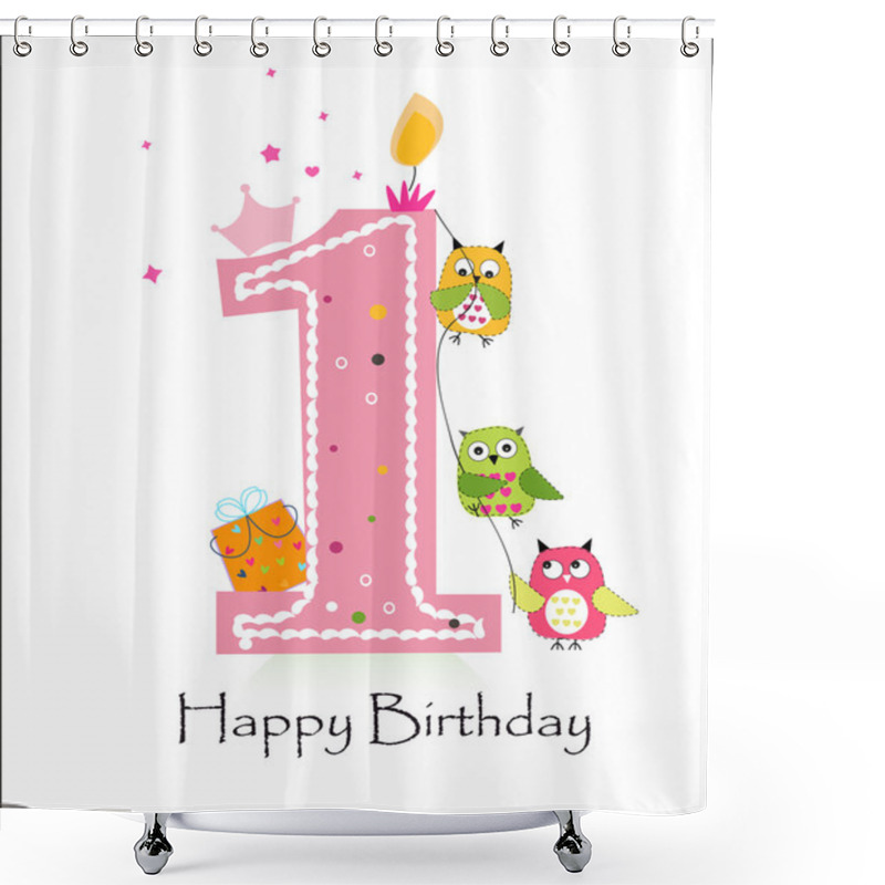 Personality  Happy First Birthday With Owls Baby Girl Greeting Card Vector Shower Curtains