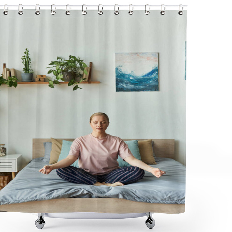 Personality  Relaxation Fills The Air As A Young Woman Meditates Peacefully On Her Bed In A Serene Space. Shower Curtains