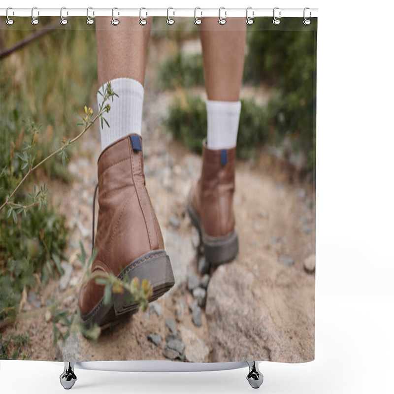 Personality  Wild Nature, Cropped View Of Hiker Walking In Brown Boots With White Socks, Adventure Seeker Shower Curtains