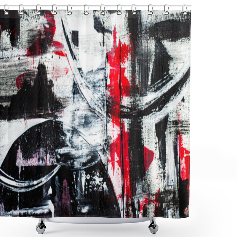 Personality  Abstract Background On A Rough Canvas. Paint Strokes, Stains, Lines, Stripes, Waves, Circles. Colors Red, White, Black. Chaos, War, Confusion, Revenge, Lies. Shower Curtains