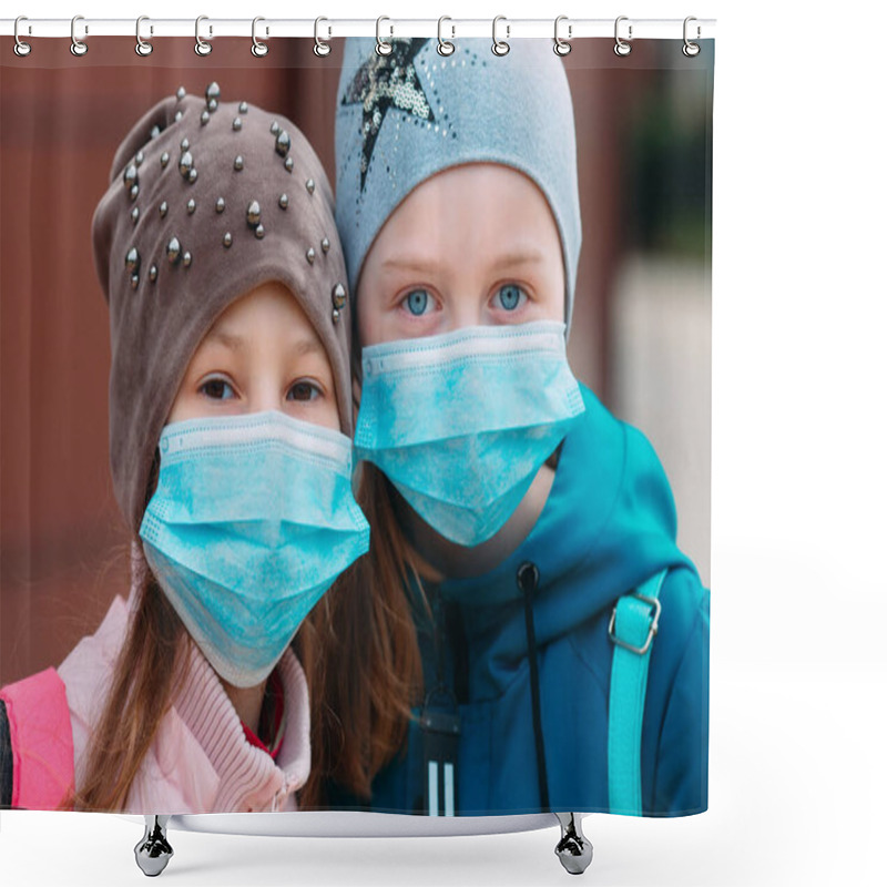 Personality  School-age Children In Medical Masks. Portrait Of School Children. Shower Curtains