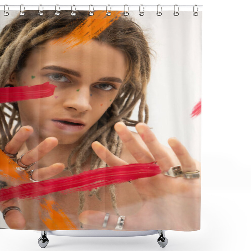 Personality  Portrait Of Queer Model With Dreadlocks And Silver Rings Looking At Camera Near Paint Strokes On White Background Shower Curtains