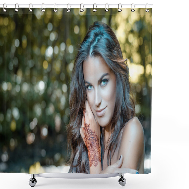 Personality  Joyful Glamour Young Pretty Lady Relaxing On The Green Outdoors Background, Closeup Picture Shower Curtains