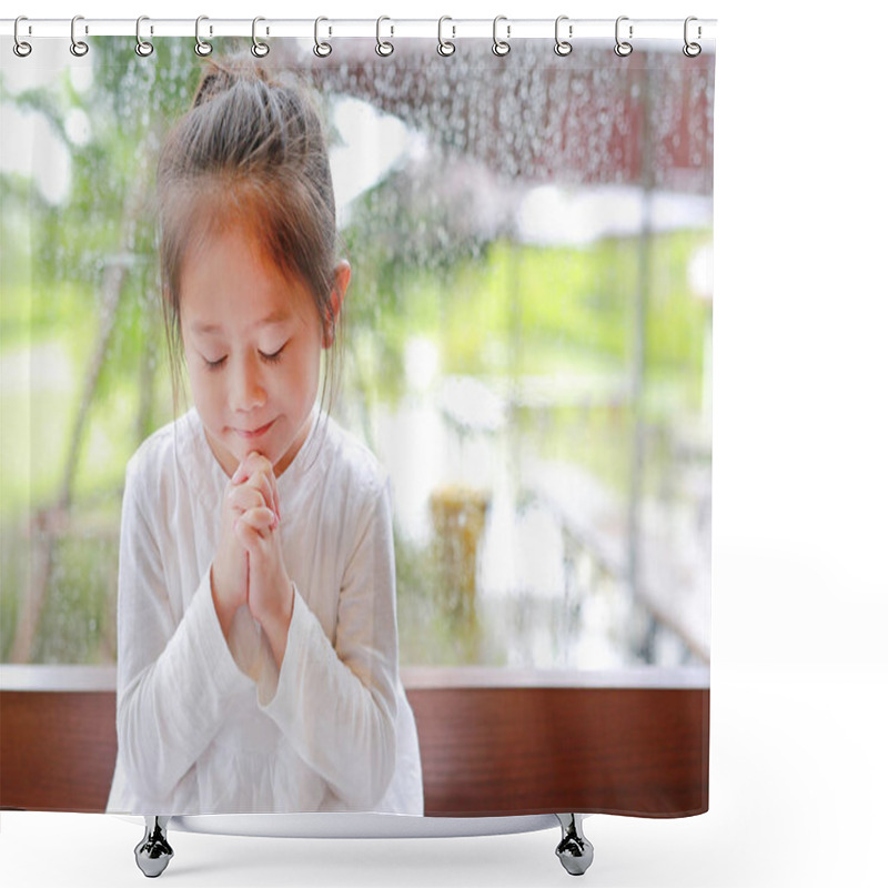 Personality  Adorable Little Asian Girl Praying At Glass Windows On The Raining Day. Spirituality And Religion. Shower Curtains