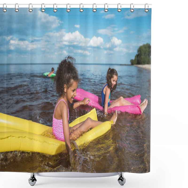 Personality  Multicultural Girls Swimming On Inflatable Mattresses Shower Curtains