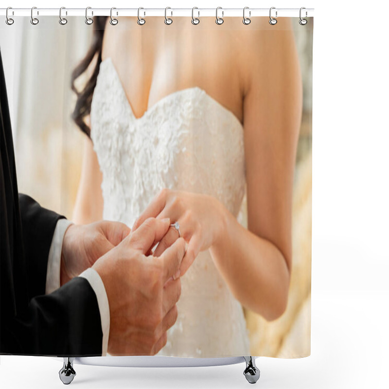 Personality  Close-up Of Groom Placing Diamond Ring On Brides Finger, Symbolizing Eternal Love And Commitment - Wedding Ceremony Concept Shower Curtains