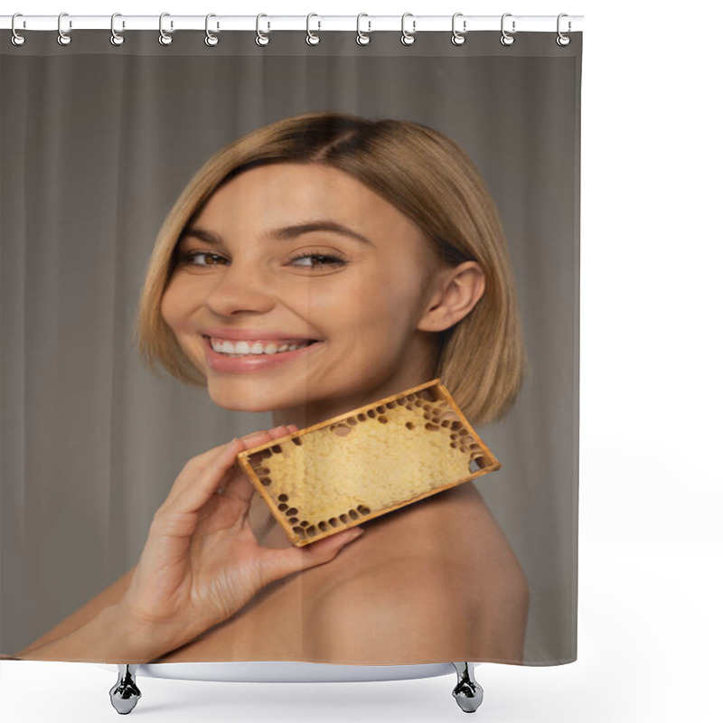 Personality  Positive Young Woman Holding Wooden Frame With Sweet Honey Isolated On Grey  Shower Curtains