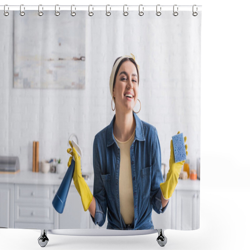 Personality  Smiling Housewife In Rubber Gloves Holding Sponge And Detergent  Shower Curtains