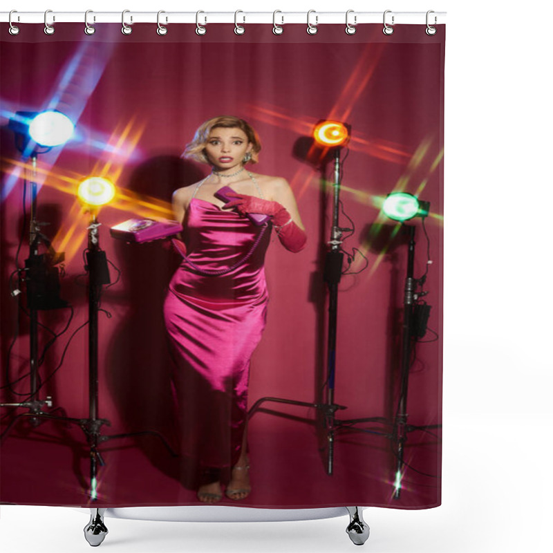 Personality  A Woman In A Vibrant Fuchsia Satin Dress Poses With A Vintage Phone Under Studio Lighting. Shower Curtains