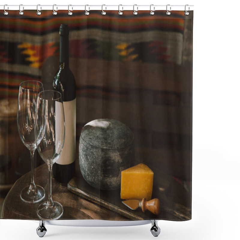 Personality  Close-up Shot Of Cheese And Wine On Rustic Wooden Table Shower Curtains