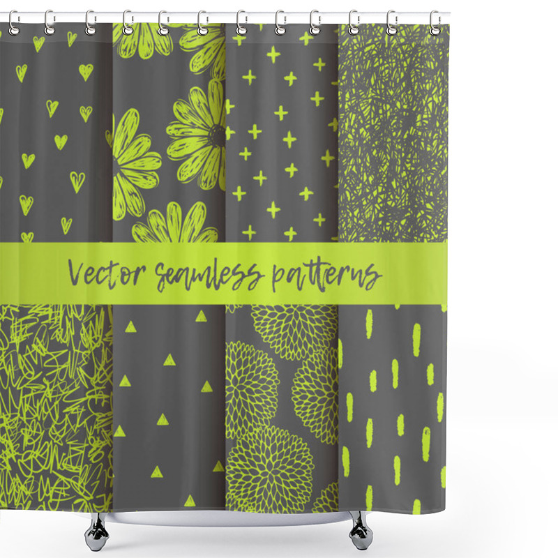 Personality  Vector Set Of Seamless Vector Patterns With Triangles, Hearts,doodling Round Flowers, Chaotic Scribbles, Brush Stroke. Shower Curtains