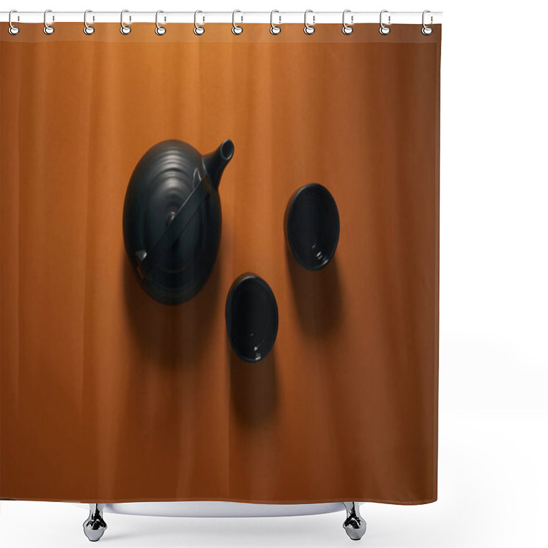 Personality  Top View Of Black Ceramic Teapot With Cups On Brown Background  Shower Curtains