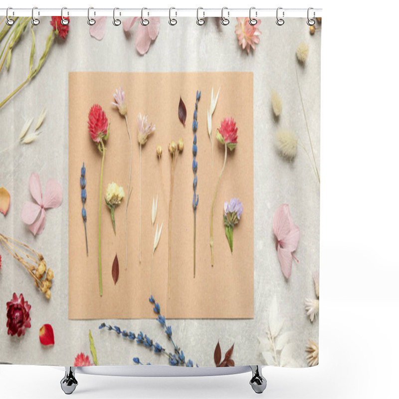 Personality  Flat Lay Composition With Beautiful Fresh And Dry Flowers On Light Grey Background Shower Curtains