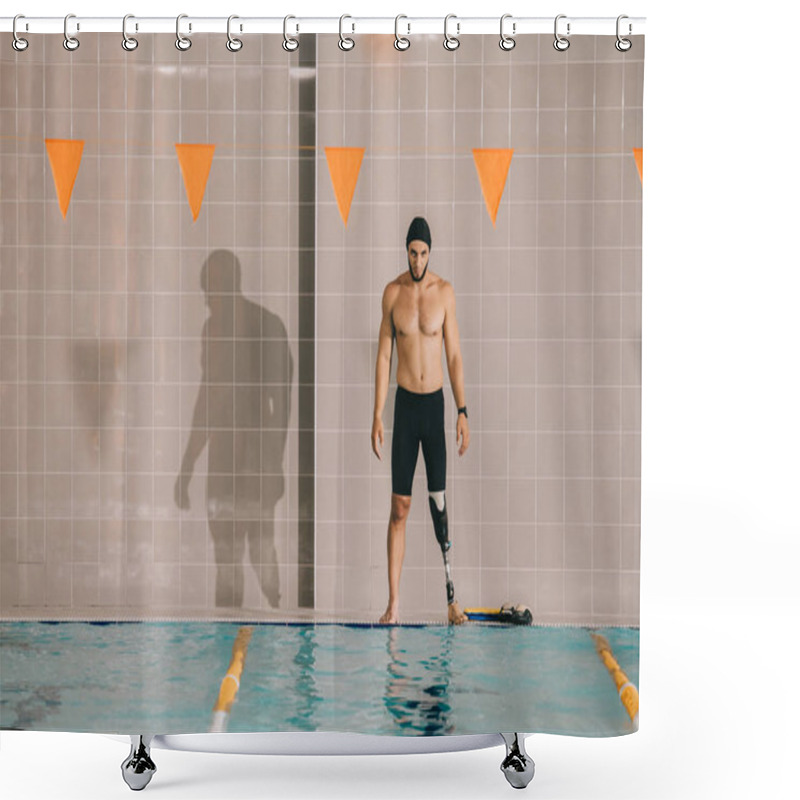 Personality  Muscular Young Sportsman With Artificial Leg Looking At Indoor Swimming Pool Shower Curtains