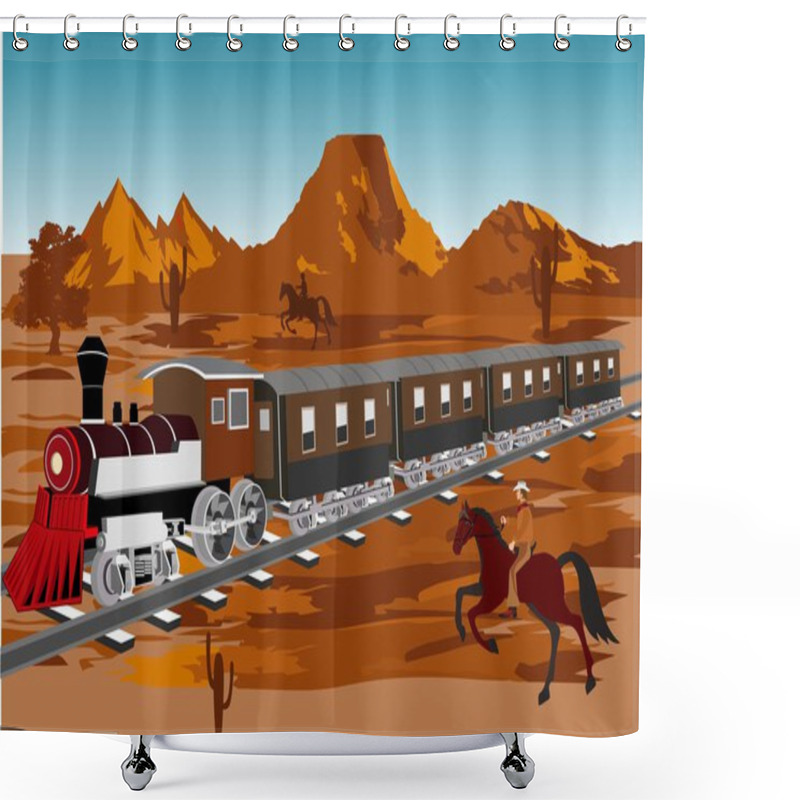 Personality  Wild West Vector Illustration. Train In Prairie, Cowboy On Horse, Blue Sky Shower Curtains