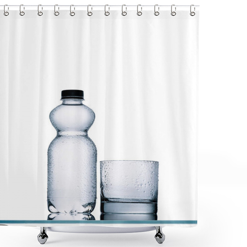 Personality  Plastic Bottle Of Water And Empty Glass Isolated On White Shower Curtains