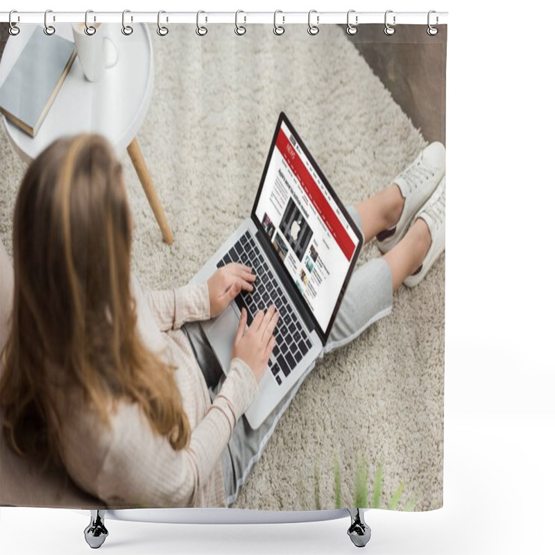 Personality  High Angle View Of Woman At Home Sitting On Floor And Using Laptop With Bbc Website On Screen Shower Curtains