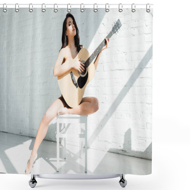 Personality  Beautiful Naked Woman Holding Acoustic Guitar While Sitting On Chair In Living Room Shower Curtains