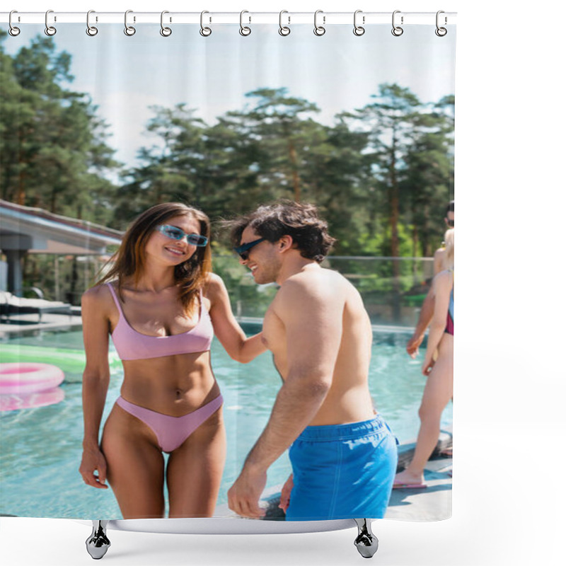 Personality  Smiling Woman In Swimsuit Standing Near Friend And Swimming Pool  Shower Curtains