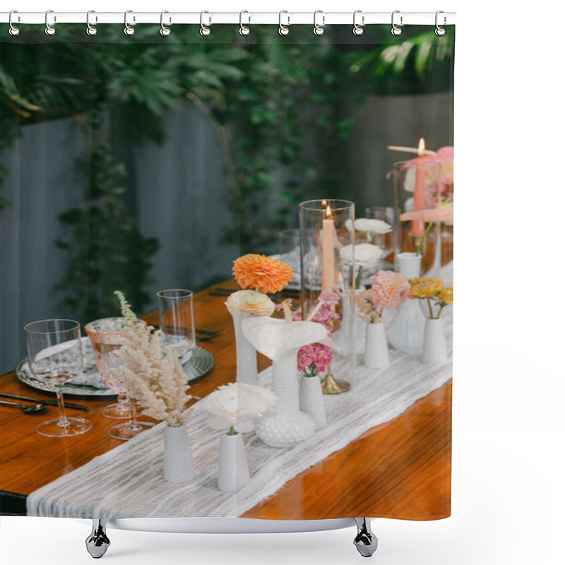 Personality  A Beautifully Set Dining Table Features An Array Of Delicate Flowers In Vases, Candles Softly Lit, And Elegant Glassware, Creating A Warm Atmosphere For A Special Gathering. Shower Curtains