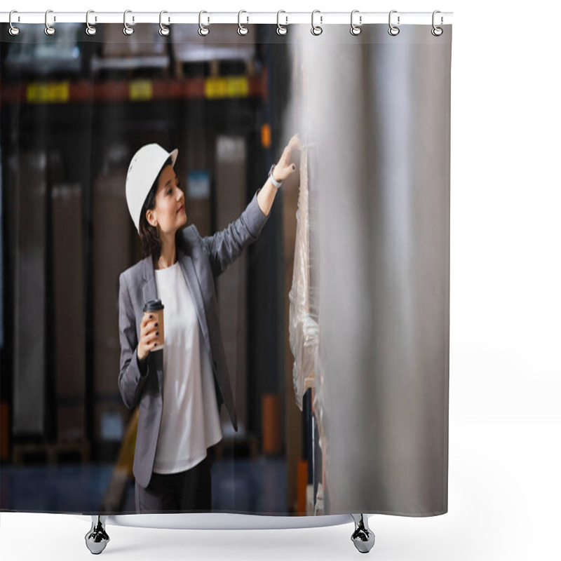 Personality  Businesswoman In Suit And Heard Hat Holding Coffee To Go In Warehouse, Logistics Management Shower Curtains