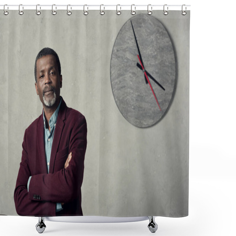 Personality  Confident African American Businessman With Crossed Arms Standing Near Wall With Big Clock  Shower Curtains