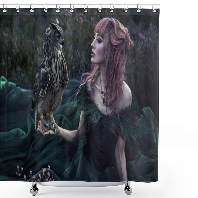 Personality  Beautiful Woman With Owl In The Nature Shower Curtains