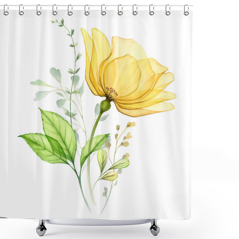 Personality  Watercolor Bouquet With Rose Fresh Green Leaves. Big Transparent Yellow Flower With Tender Branches. Vibrant Bright Composition In Modern Classical Style. Hand Painted Abstract Artwork. Shower Curtains