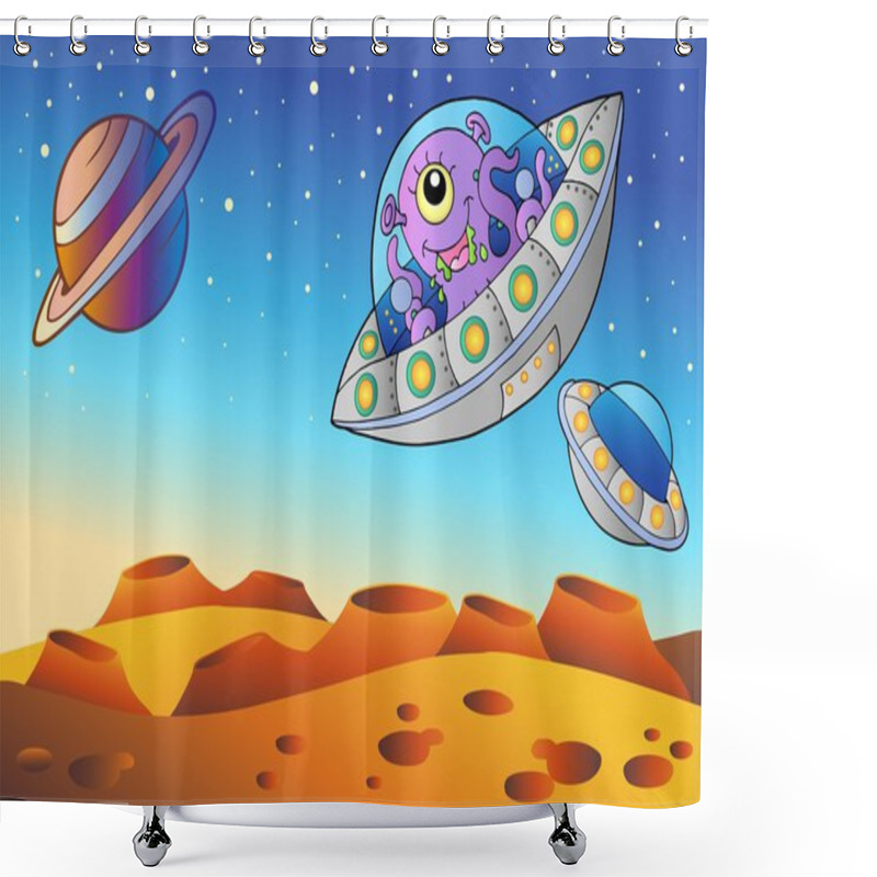 Personality  Red Planet With Flying Saucers Shower Curtains