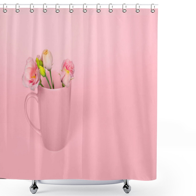 Personality  Creative Monochrome Concept Made Of Coffee Or Tea Cup With Tender Pink Eustoma Flowers On Light Pink Background. Copy Space. Pink Eustoma Flowers In The Pink Cup Shower Curtains