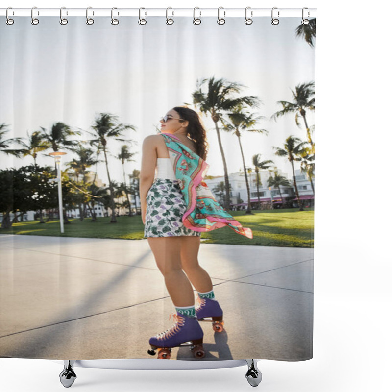 Personality  A Young Woman In Sunglasses And A Floral Skirt Glides On Roller Skates Through A Miami Park, Bathed In The Warm Glow Of The Setting Sun. Shower Curtains