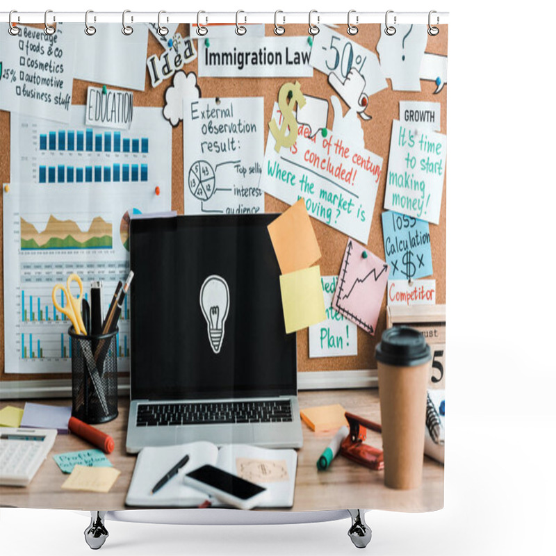 Personality  Laptop And Smartphone On Desk Near Sticky Notes With Lettering On Notice Board Shower Curtains