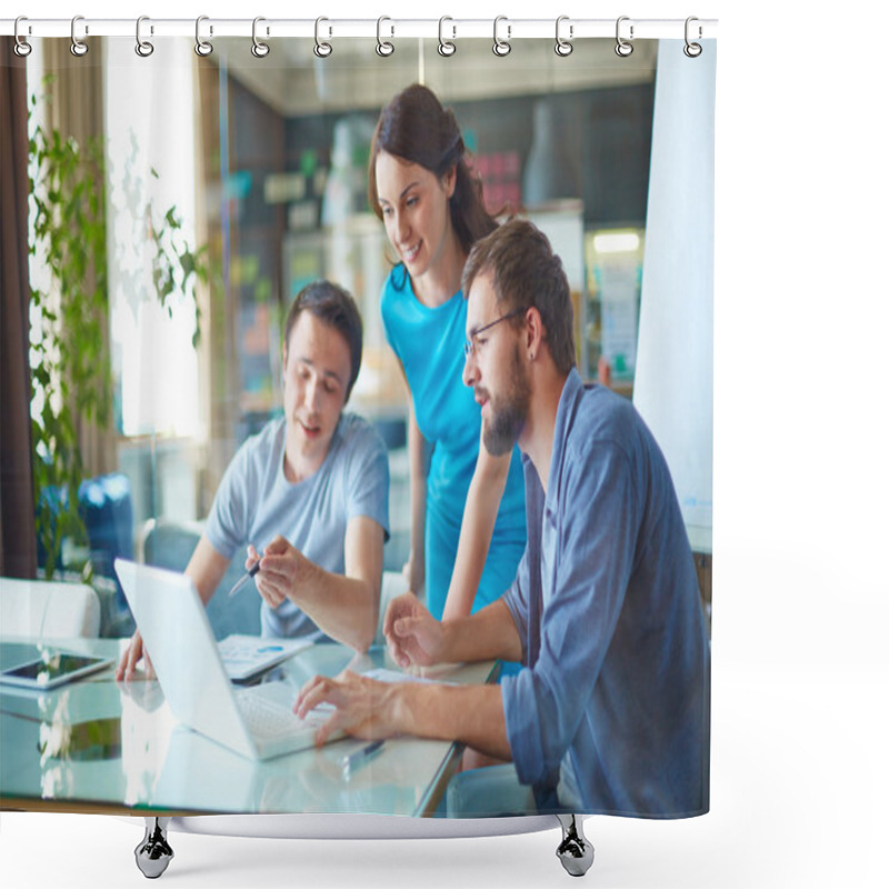 Personality  Business Partners Discussing Data In Laptop Shower Curtains