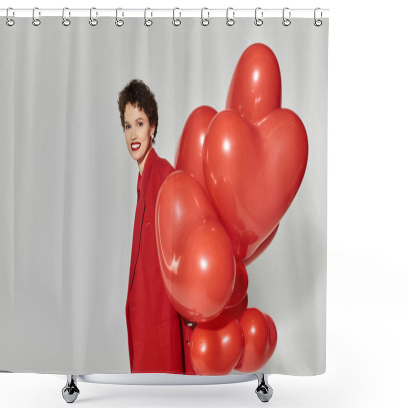 Personality  A Beautiful Young Woman Smiling Brightly While Holding A Bunch Of Red Heart Shaped Balloons. Shower Curtains