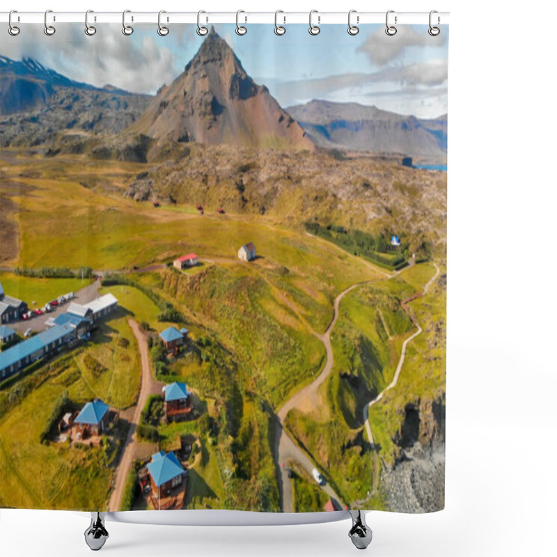 Personality  Aerial View Of Snaefellsnes Peninsula At Sunset, Iceland. Aerial View Of Arnarstapi. Shower Curtains