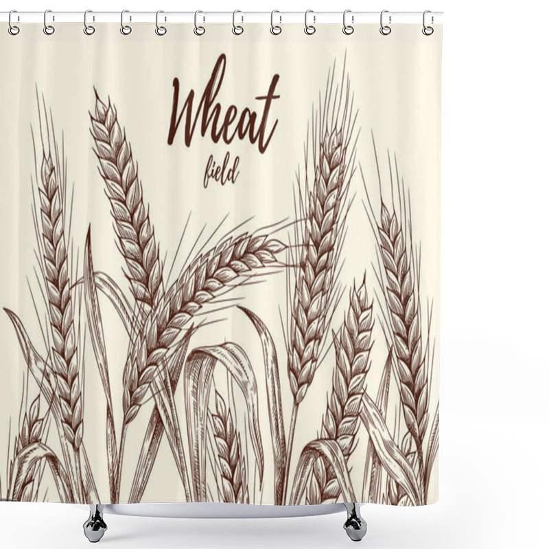 Personality  Banner With Sketch Wheat. Poster With Outline Plants And Grains For Bakery And Flour Making. Harvest, Farm And Agriculture. Engraving With Spikelets And Template Text. Linear Flat Vector Illustration Shower Curtains