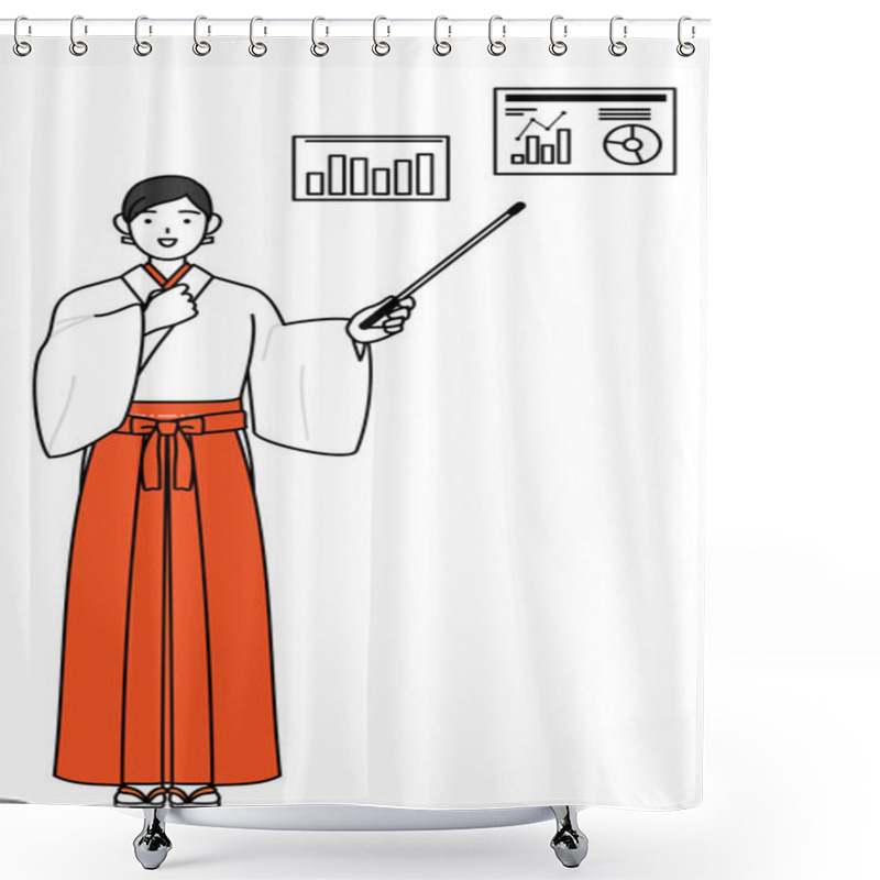 Personality  Shrine Maiden Of The Shrine, Wearing White Kosode And Red Hakama, Analyzing A Performance Graph, Vector Illustration Shower Curtains