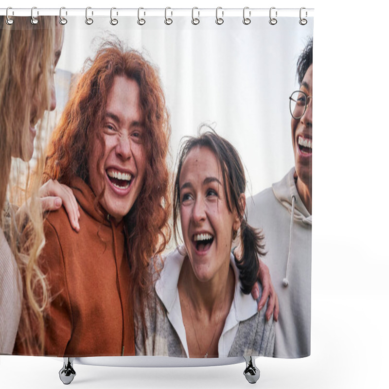 Personality  Portrait Of Group Of Four Young Students Laughing Out Loud. Friends Smiling And Jokes Together In Daytime Outdoors. Cheerful College Partners Hugging And Having Fun Excitedly. Happy Moments.  Shower Curtains