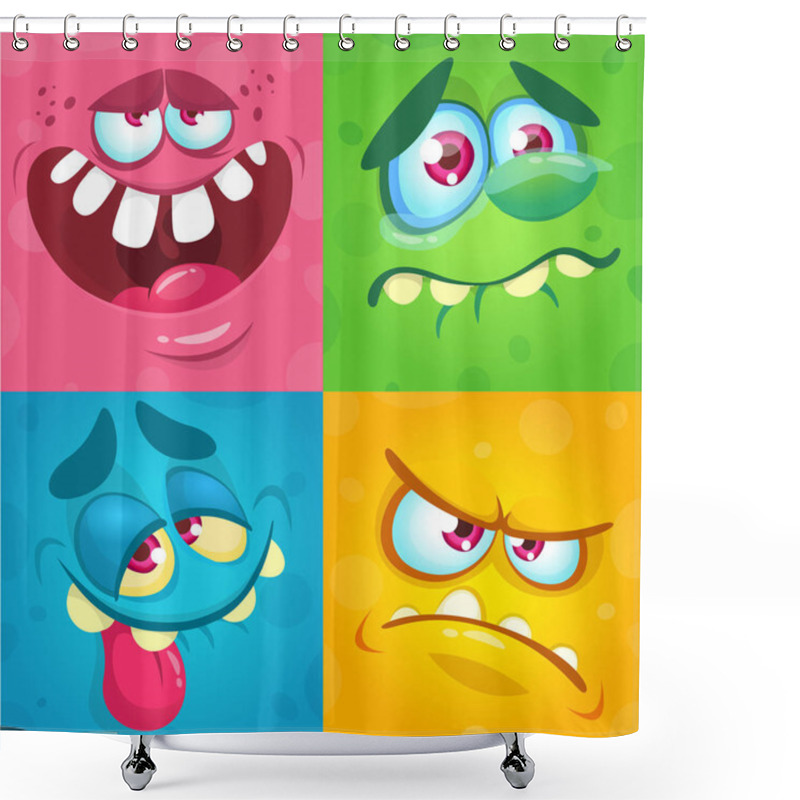 Personality  Cartoon Monster Faces Set. Vector Set Of Four Halloween Monster Faces Or Avatars. Print Design Of Monsters Mask For Masquerade Shower Curtains