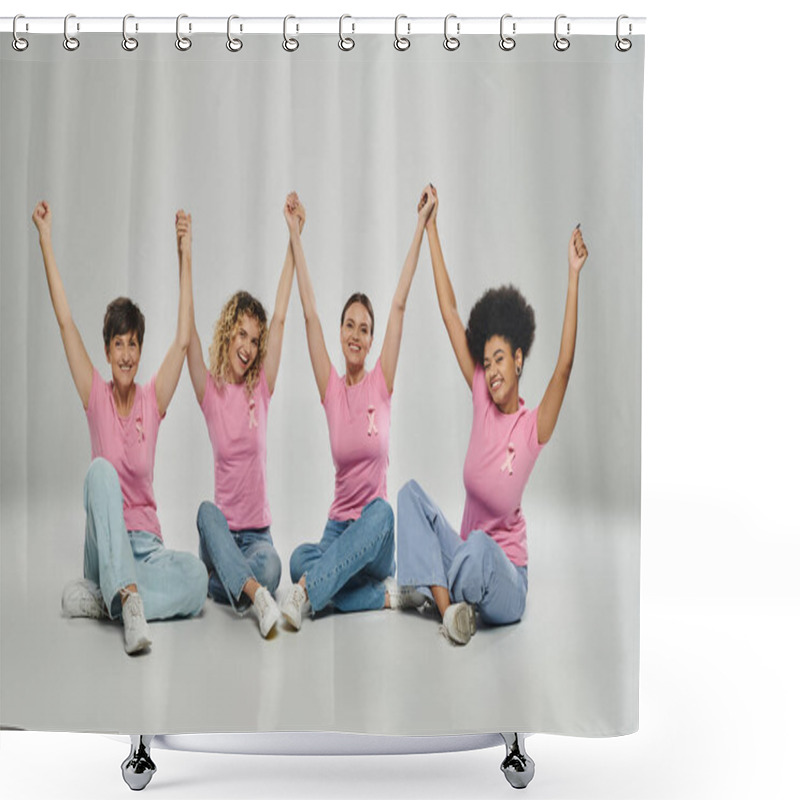 Personality  Excited Interracial Women Different Age Holding Hands On Grey Backdrop, Breast Cancer Awareness Shower Curtains