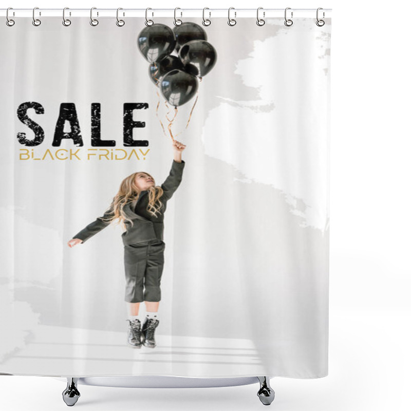 Personality  Dreamy Child Jumping Or Flying With Black Balloons On Grey, Black Friday Sale Banner Concept Shower Curtains