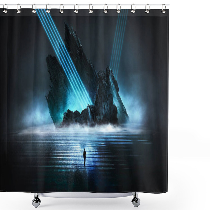 Personality  Futuristic Night Landscape With Abstract Forest Landscape. Dark Natural Forest Scene With Reflection Of Moonlight In The Water, Neon Blue Light. Dark Neon Circle Background, Dark Forest, Deer, Island. Shower Curtains