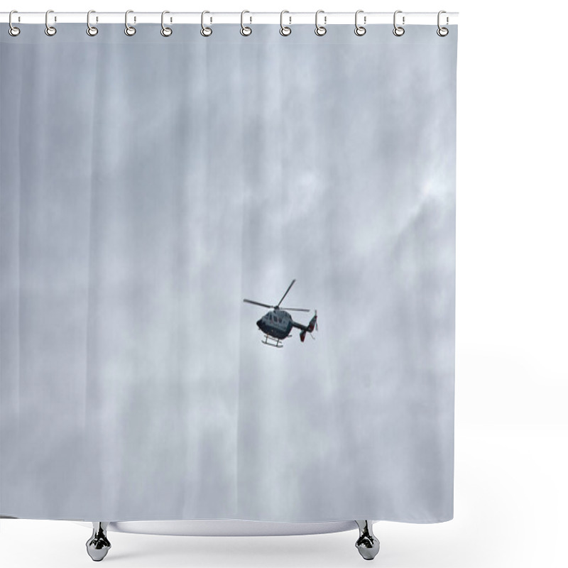 Personality  Nigrn,Pontevedra,Spain;December,03,2024:A Guardia Civil Helicopter Flies Through The Skies Above Nigrn, Spain. The Image Captures Its Impressive Aerial Presence, Showing The Helicopter In Motion.  Shower Curtains