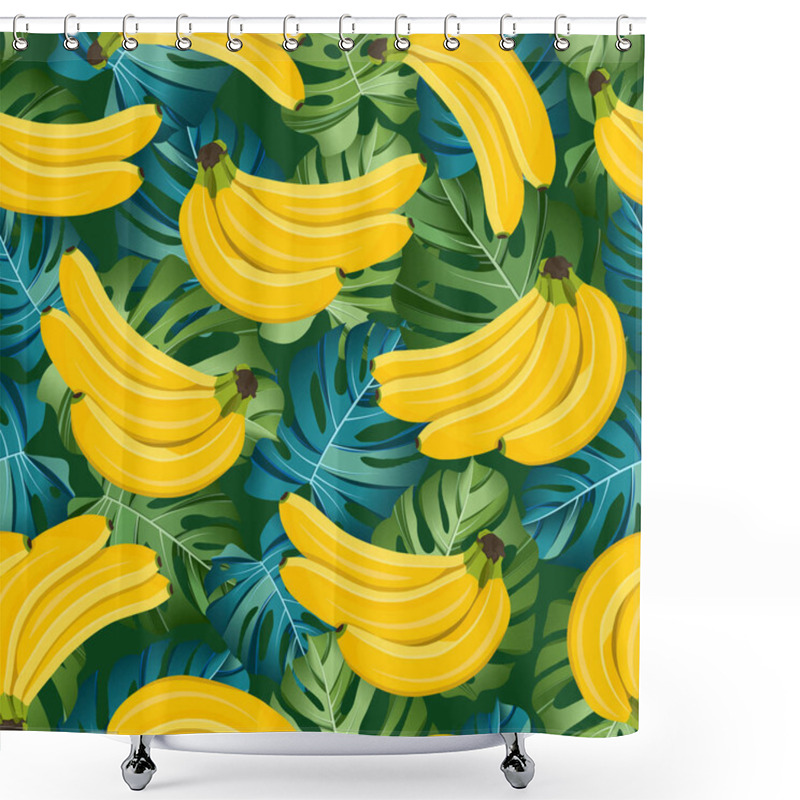 Personality  Banana Seamless Pattern With Tropical Leaves On Dark Green Background. Tropical Fruit And Botanical Vector Illustration. Shower Curtains