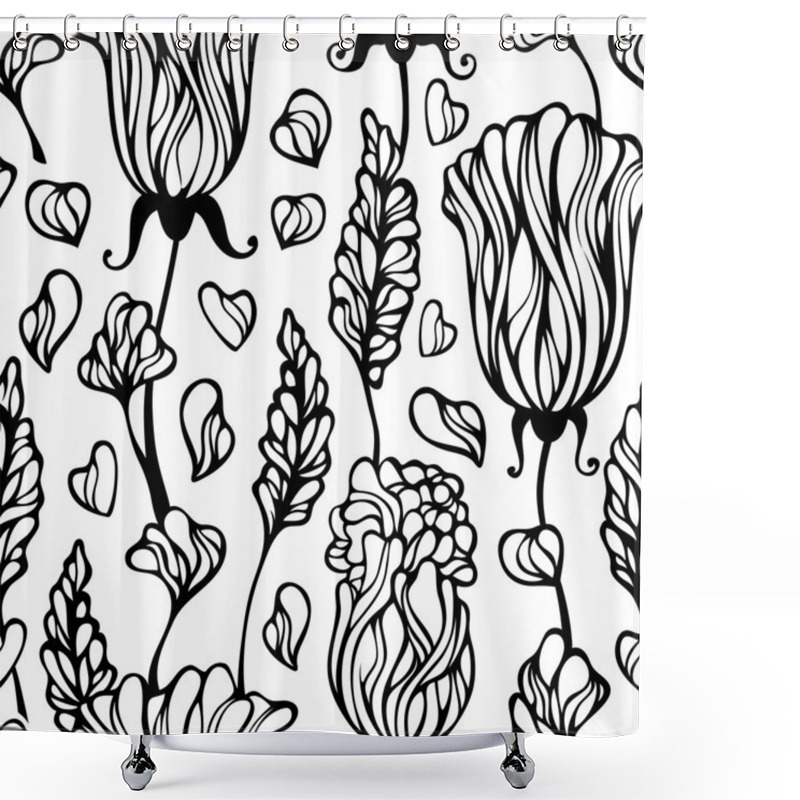 Personality  Seamless Black And White Floral Pattern Shower Curtains