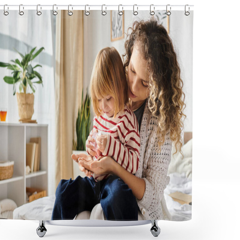 Personality  Curly-haired Mother And Daughter Share A Tender Moment While Exploring Together At Home. Shower Curtains