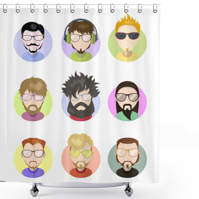 Personality  Set Avatars Profile Flat Icons, Different Characters. Trendy Beards, Glasses. Shower Curtains