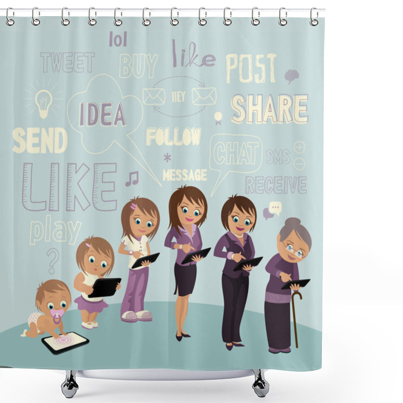 Personality  Generations Woman With Tablet. Shower Curtains