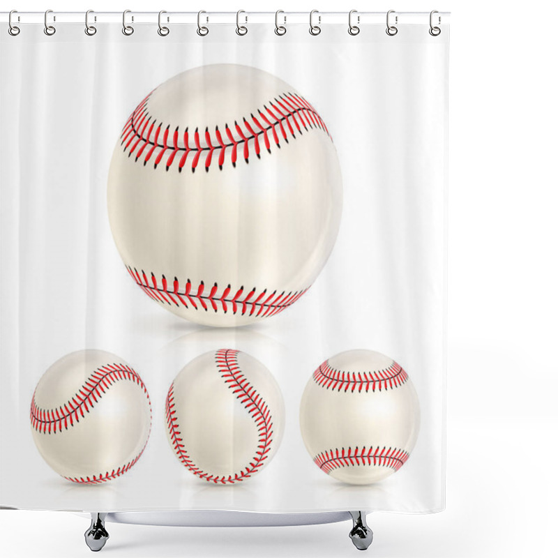 Personality  Baseball Leather Ball Close-up Set Isolated On White. SoftBall Base Ball. Realistic Vector Illustration Shower Curtains