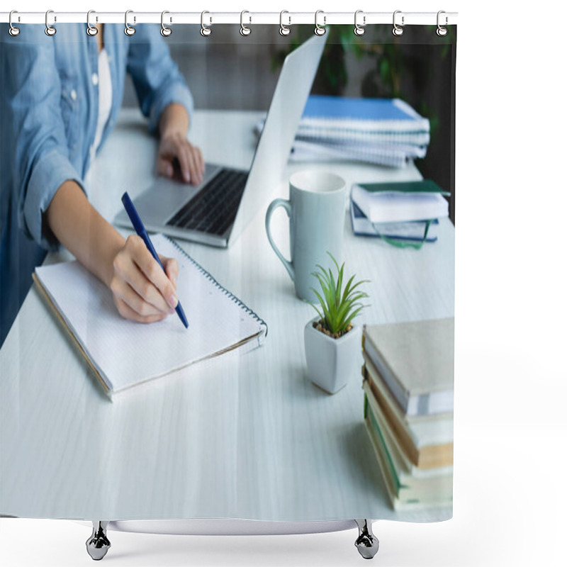 Personality  Cropped View Of Woman Making Notes In Notebook And Typing On Laptop Shower Curtains